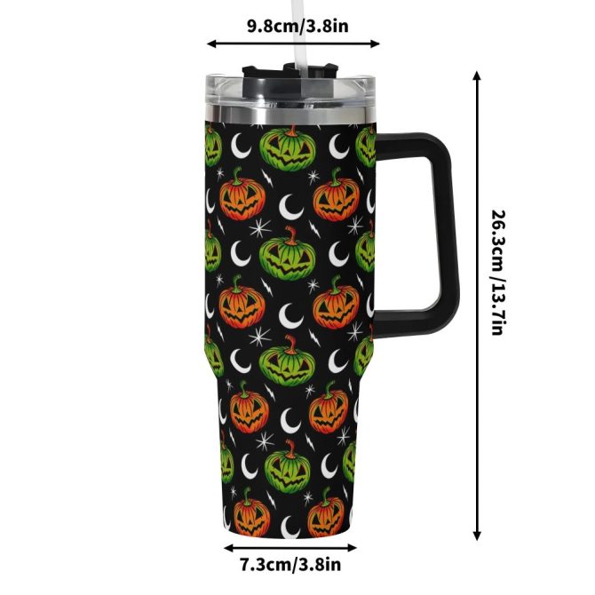 Halloween Jack-O #8217;-Lantern Moon Custom Stanley Quencher 40Oz Stainless Steel Tumbler With Handle - Image 6