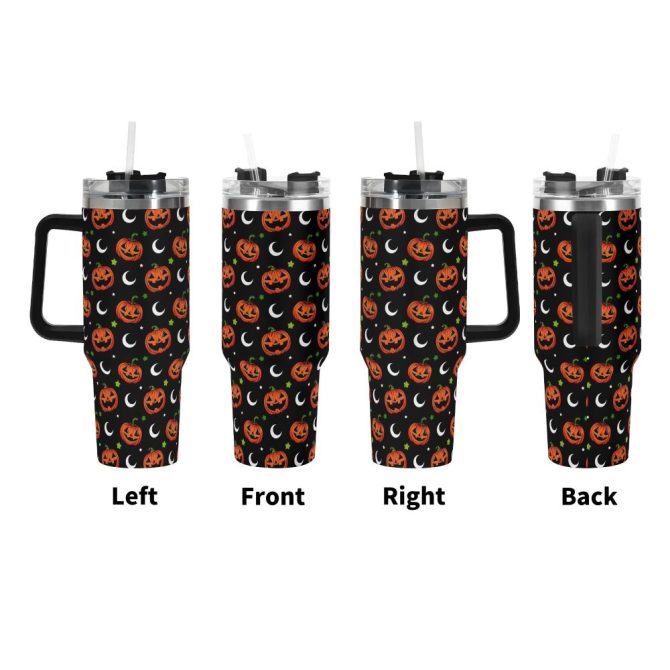 Halloween Jack-O #8217;-Lantern Moon Custom Stanley Quencher 40Oz Stainless Steel Tumbler With Handle - Image 3