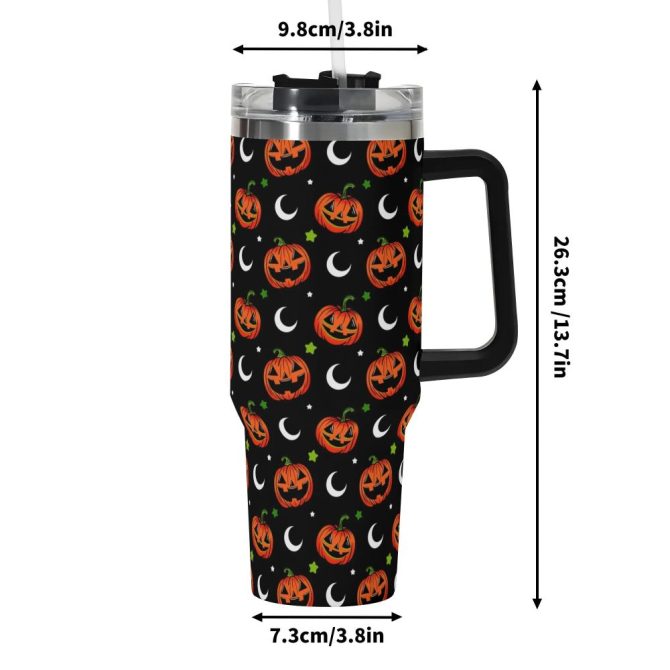 Halloween Jack-O #8217;-Lantern Moon Custom Stanley Quencher 40Oz Stainless Steel Tumbler With Handle - Image 6