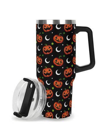 Halloween Jack-O #8217;-Lantern Moon Custom Stanley Quencher 40Oz Stainless Steel Tumbler With Handle
