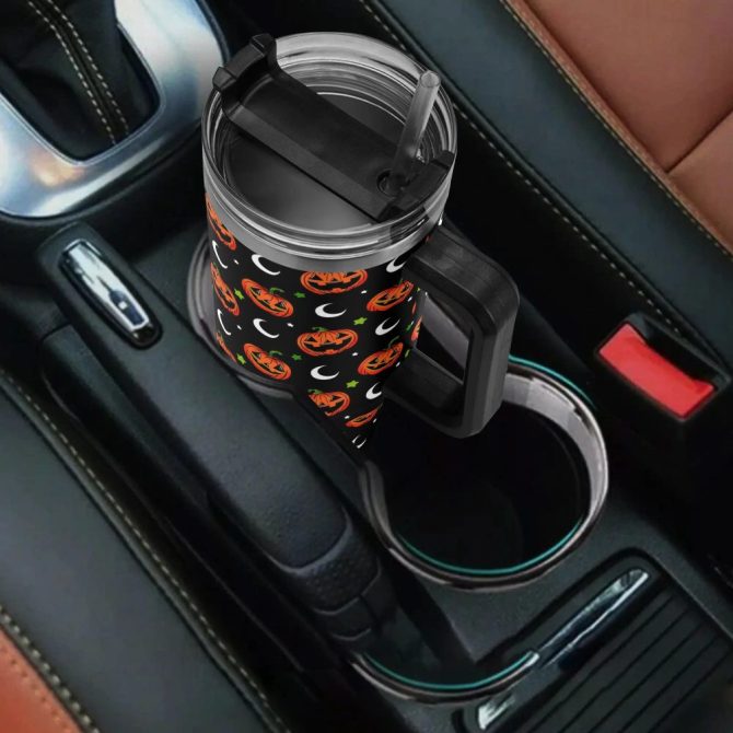 Halloween Jack-O #8217;-Lantern Moon Custom Stanley Quencher 40Oz Stainless Steel Tumbler With Handle - Image 4