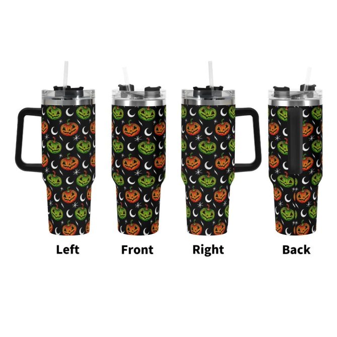 Halloween Jack-O #8217;-Lantern Moon Custom Stanley Quencher 40Oz Stainless Steel Tumbler With Handle - Image 2