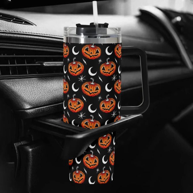 Halloween Jack-O #8217;-Lantern Moon Custom Stanley Quencher 40Oz Stainless Steel Tumbler With Handle - Image 5