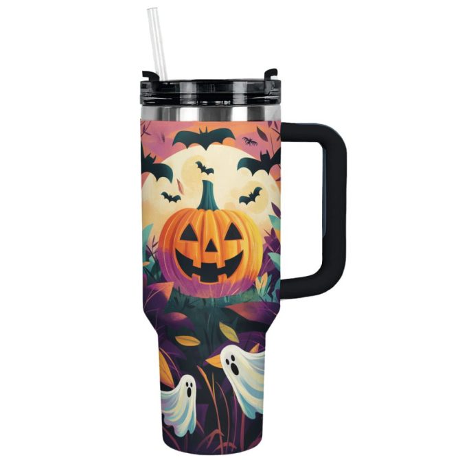 Halloween Jack-O #8217;-Lantern Spooky Custom Stanley Quencher 40Oz Stainless Steel Tumbler With Handle