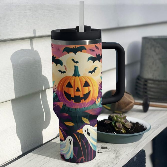 Halloween Jack-O #8217;-Lantern Spooky Custom Stanley Quencher 40Oz Stainless Steel Tumbler With Handle - Image 4