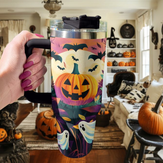 Halloween Jack-O #8217;-Lantern Spooky Custom Stanley Quencher 40Oz Stainless Steel Tumbler With Handle - Image 3