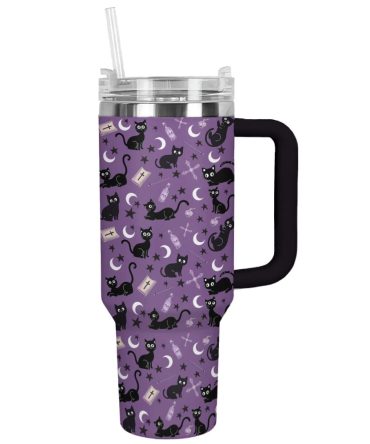 Halloween Magical Black Cat Custom Stanley Quencher 40Oz Stainless Steel Tumbler With Handle