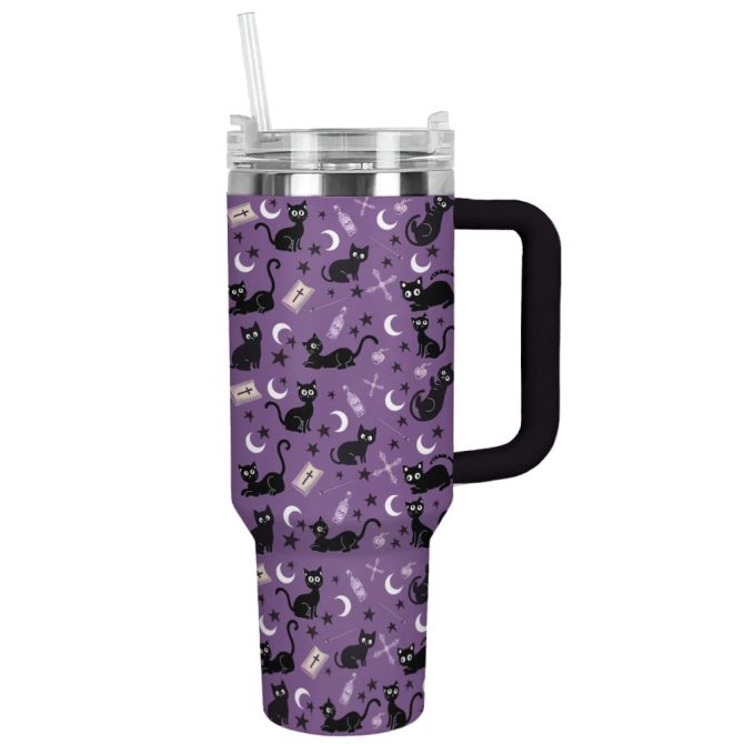 Halloween Magical Black Cat Custom Stanley Quencher 40Oz Stainless Steel Tumbler With Handle