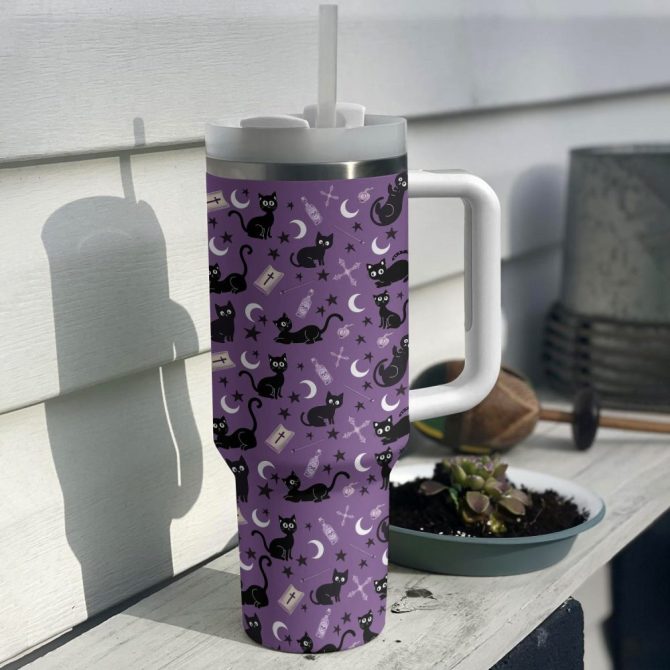 Halloween Magical Black Cat Custom Stanley Quencher 40Oz Stainless Steel Tumbler With Handle - Image 3