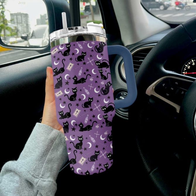 Halloween Magical Black Cat Custom Stanley Quencher 40Oz Stainless Steel Tumbler With Handle - Image 4