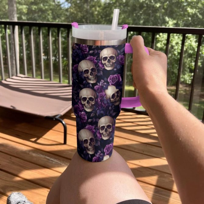 Halloween Midnight Roses Skull Custom Stanley Quencher 40Oz Stainless Steel Tumbler With Handle - Image 2