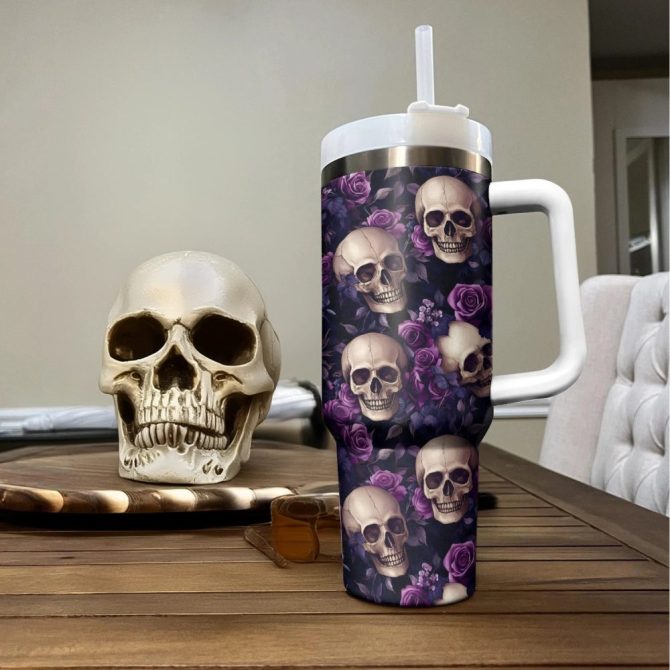 Halloween Midnight Roses Skull Custom Stanley Quencher 40Oz Stainless Steel Tumbler With Handle - Image 5