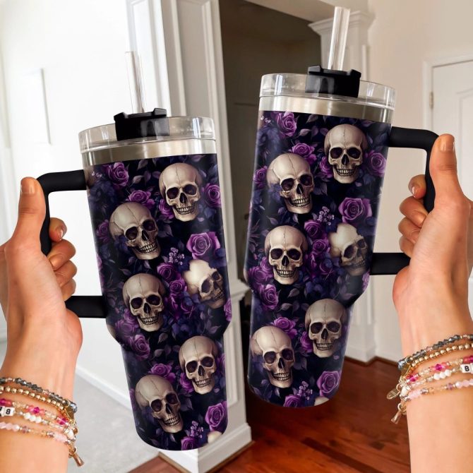 Halloween Midnight Roses Skull Custom Stanley Quencher 40Oz Stainless Steel Tumbler With Handle - Image 3