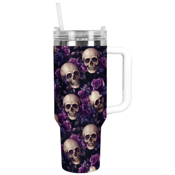 Halloween Midnight Roses Skull Custom Stanley Quencher 40Oz Stainless Steel Tumbler With Handle - Image 13