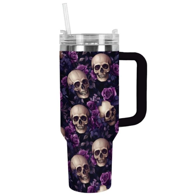 Halloween Midnight Roses Skull Custom Stanley Quencher 40Oz Stainless Steel Tumbler With Handle - Image 12