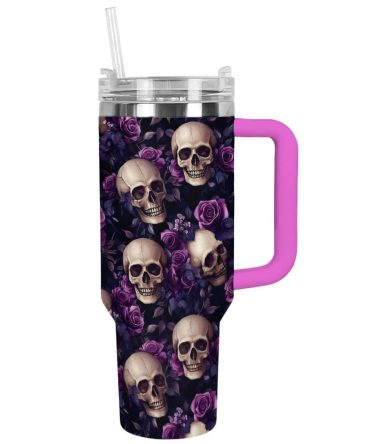 Halloween Midnight Roses Skull Custom Stanley Quencher 40Oz Stainless Steel Tumbler With Handle