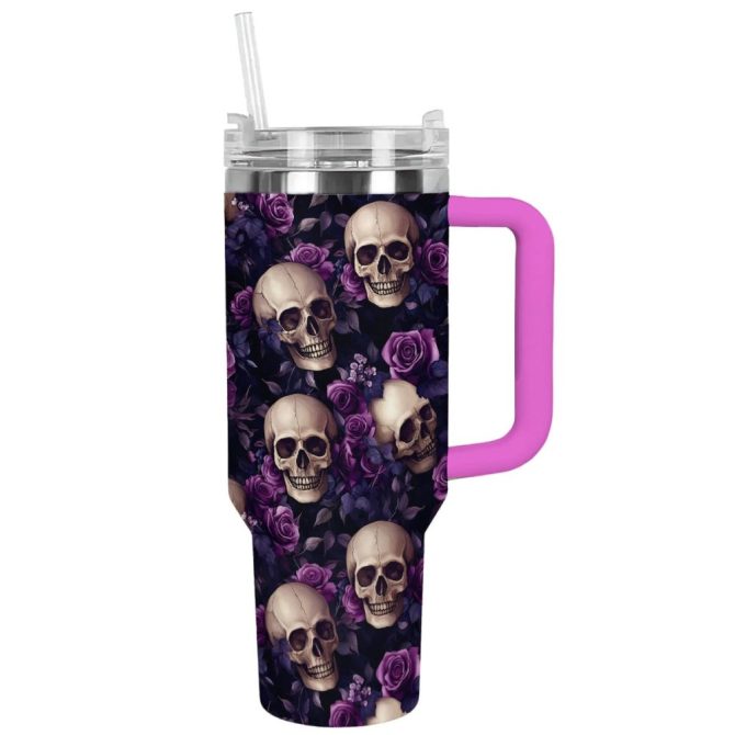 Halloween Midnight Roses Skull Custom Stanley Quencher 40Oz Stainless Steel Tumbler With Handle