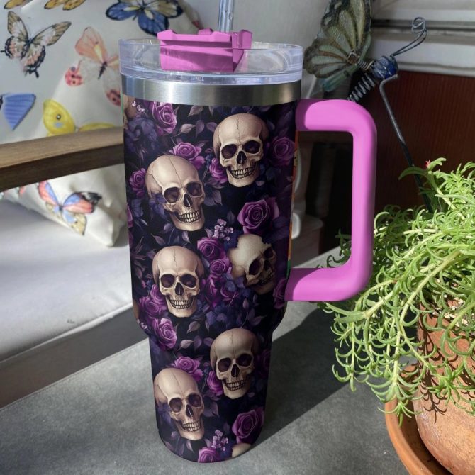 Halloween Midnight Roses Skull Custom Stanley Quencher 40Oz Stainless Steel Tumbler With Handle - Image 4