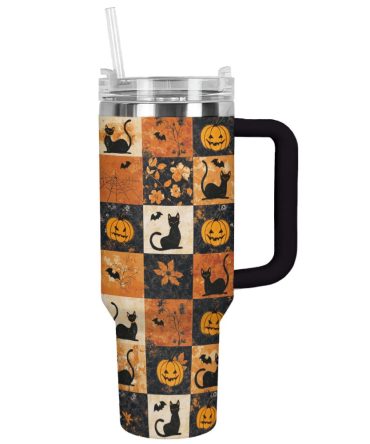 Halloween Mystic Black Cat Autumn Custom Stanley Quencher 40Oz Stainless Steel Tumbler With Handle