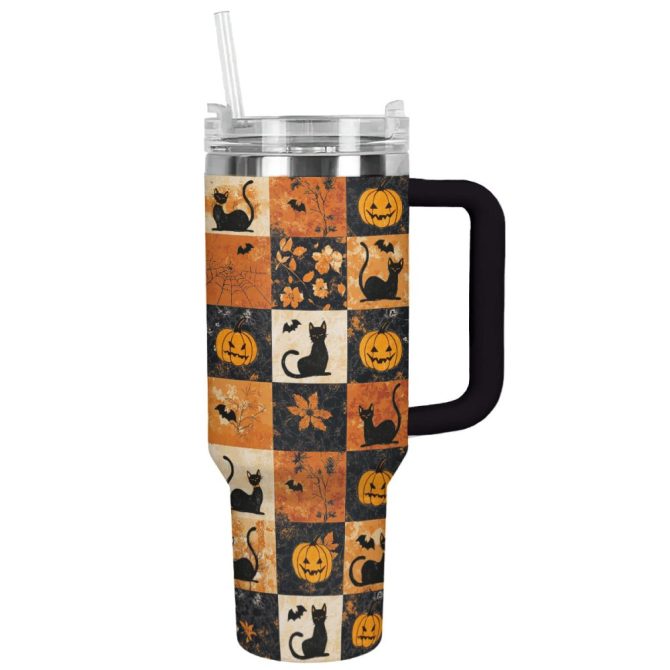 Halloween Mystic Black Cat Autumn Custom Stanley Quencher 40Oz Stainless Steel Tumbler With Handle