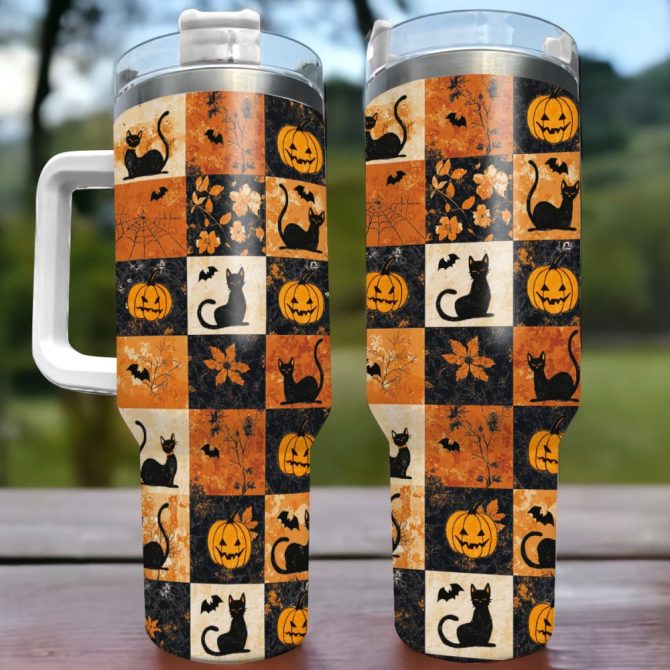 Halloween Mystic Black Cat Autumn Custom Stanley Quencher 40Oz Stainless Steel Tumbler With Handle - Image 3