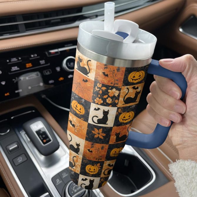 Halloween Mystic Black Cat Autumn Custom Stanley Quencher 40Oz Stainless Steel Tumbler With Handle - Image 4