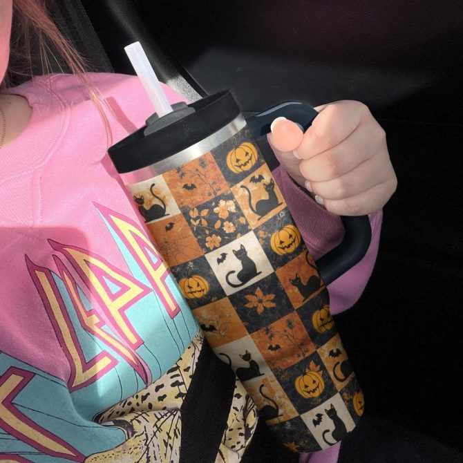 Halloween Mystic Black Cat Autumn Custom Stanley Quencher 40Oz Stainless Steel Tumbler With Handle - Image 2