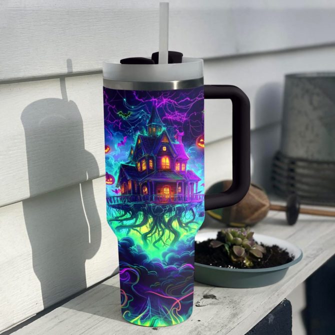 Halloween Neon Haunted House Custom Stanley Quencher 40Oz Stainless Steel Tumbler With Handle - Image 2