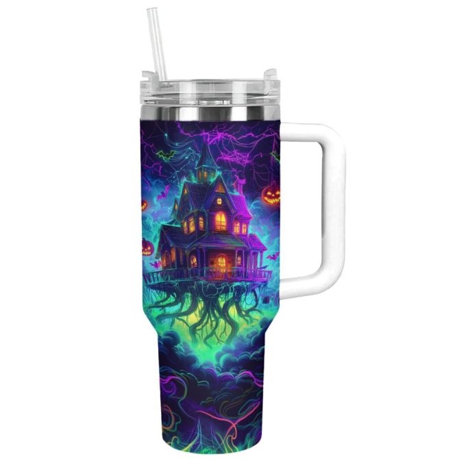 Halloween Neon Haunted House Custom Stanley Quencher 40Oz Stainless Steel Tumbler With Handle - Image 13