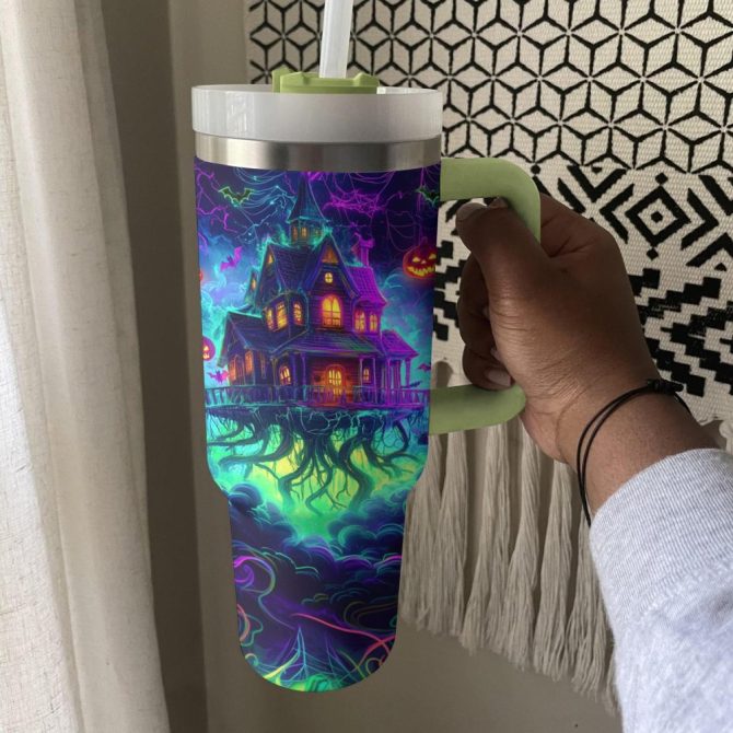 Halloween Neon Haunted House Custom Stanley Quencher 40Oz Stainless Steel Tumbler With Handle - Image 3