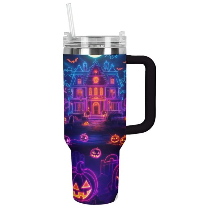 Halloween Neon Haunted House Custom Stanley Quencher 40Oz Stainless Steel Tumbler With Handle - Image 12