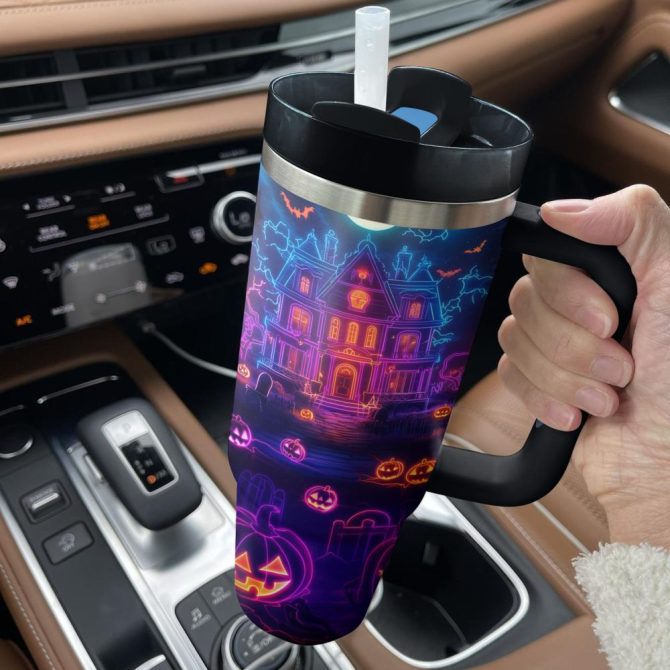 Halloween Neon Haunted House Custom Stanley Quencher 40Oz Stainless Steel Tumbler With Handle - Image 3