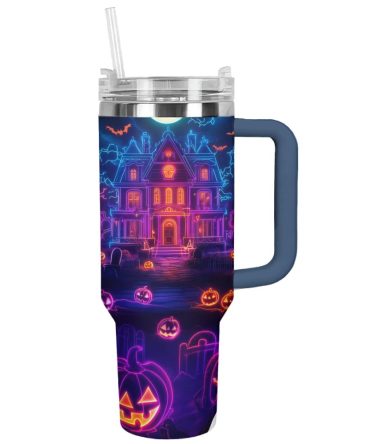Halloween Neon Haunted House Custom Stanley Quencher 40Oz Stainless Steel Tumbler With Handle
