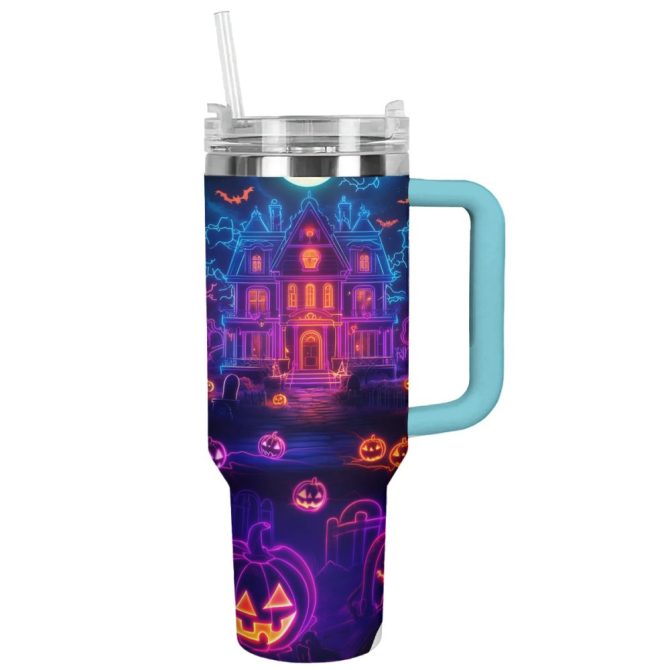 Halloween Neon Haunted House Custom Stanley Quencher 40Oz Stainless Steel Tumbler With Handle - Image 13