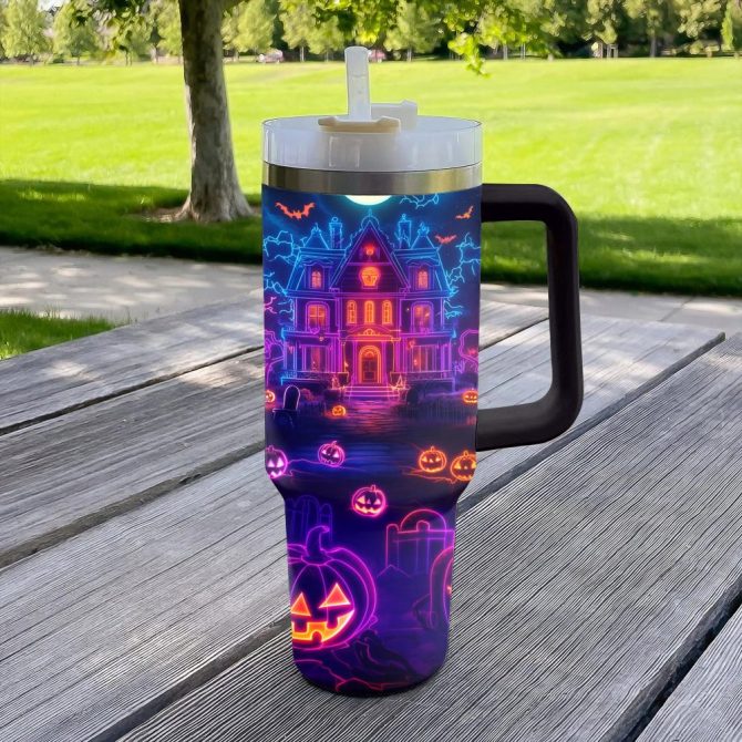 Halloween Neon Haunted House Custom Stanley Quencher 40Oz Stainless Steel Tumbler With Handle - Image 4