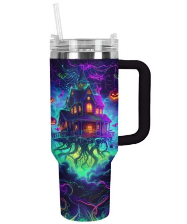Halloween Neon Haunted House Custom Stanley Quencher 40Oz Stainless Steel Tumbler With Handle