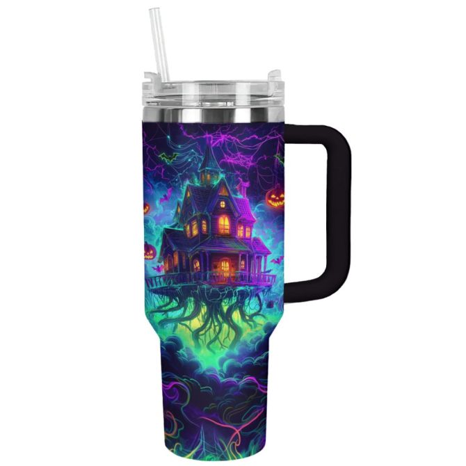 Halloween Neon Haunted House Custom Stanley Quencher 40Oz Stainless Steel Tumbler With Handle