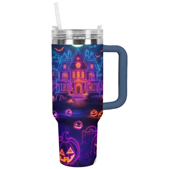 Halloween Neon Haunted House Custom Stanley Quencher 40Oz Stainless Steel Tumbler With Handle - Image 11