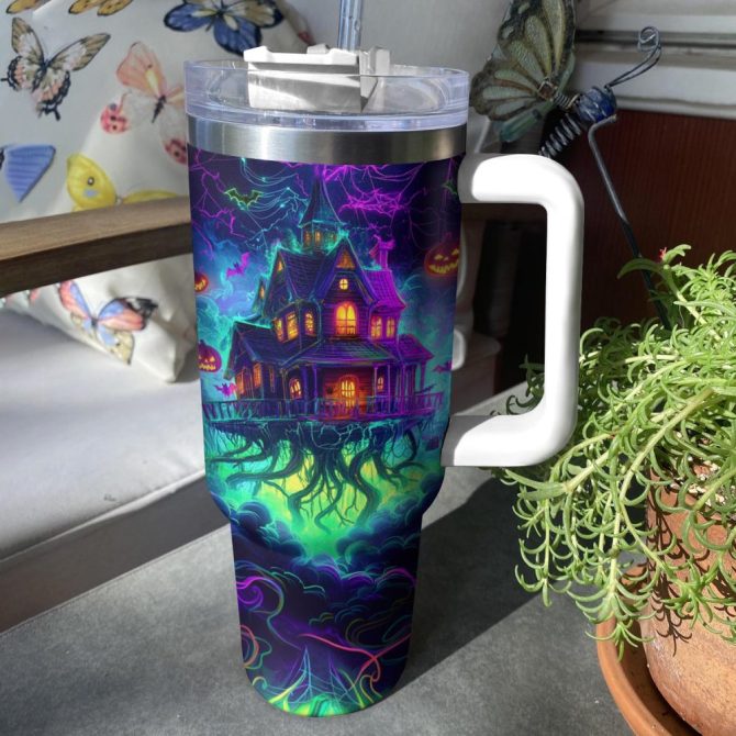 Halloween Neon Haunted House Custom Stanley Quencher 40Oz Stainless Steel Tumbler With Handle - Image 4