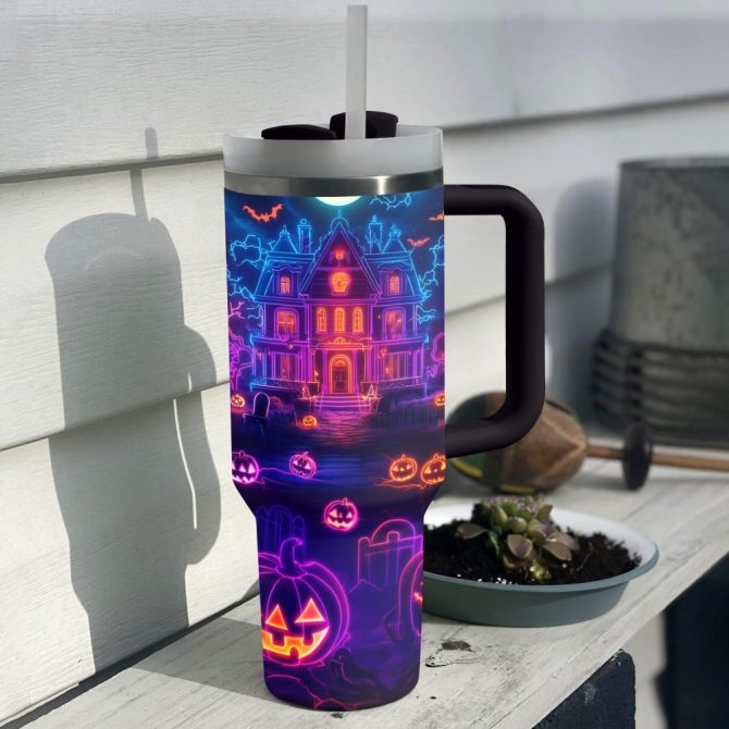 Halloween Neon Haunted House Custom Stanley Quencher 40Oz Stainless Steel Tumbler With Handle - Image 2