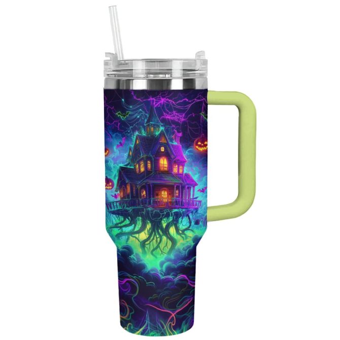 Halloween Neon Haunted House Custom Stanley Quencher 40Oz Stainless Steel Tumbler With Handle - Image 12