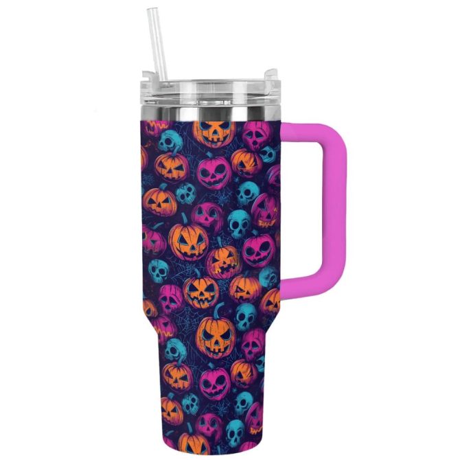 Halloween Neon Jack-O-Lantern Glow Custom Stanley Quencher 40Oz Stainless Steel Tumbler With Handle - Image 12