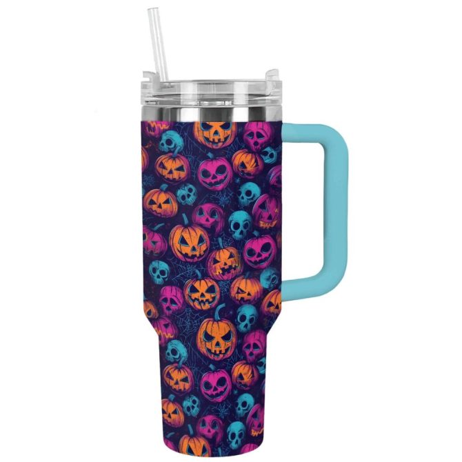 Halloween Neon Jack-O-Lantern Glow Custom Stanley Quencher 40Oz Stainless Steel Tumbler With Handle - Image 13