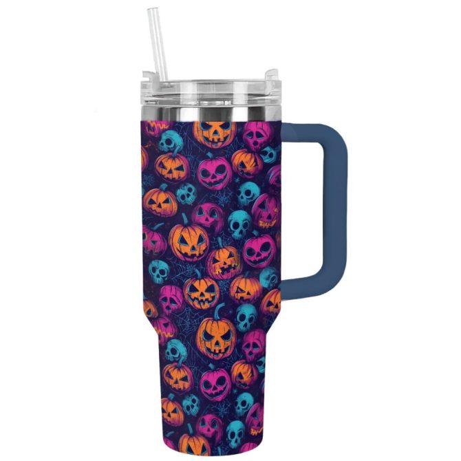 Halloween Neon Jack-O-Lantern Glow Custom Stanley Quencher 40Oz Stainless Steel Tumbler With Handle - Image 11