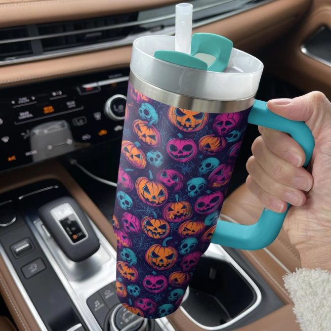 Halloween Neon Jack-O-Lantern Glow Custom Stanley Quencher 40Oz Stainless Steel Tumbler With Handle - Image 4
