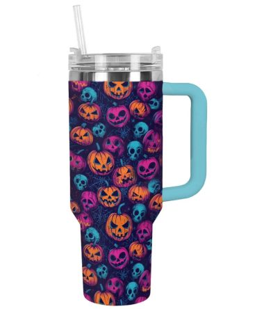 Halloween Neon Jack-O-Lantern Glow Custom Stanley Quencher 40Oz Stainless Steel Tumbler With Handle
