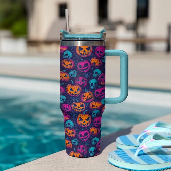 Halloween Neon Jack-O-Lantern Glow Custom Stanley Quencher 40Oz Stainless Steel Tumbler With Handle - Image 2