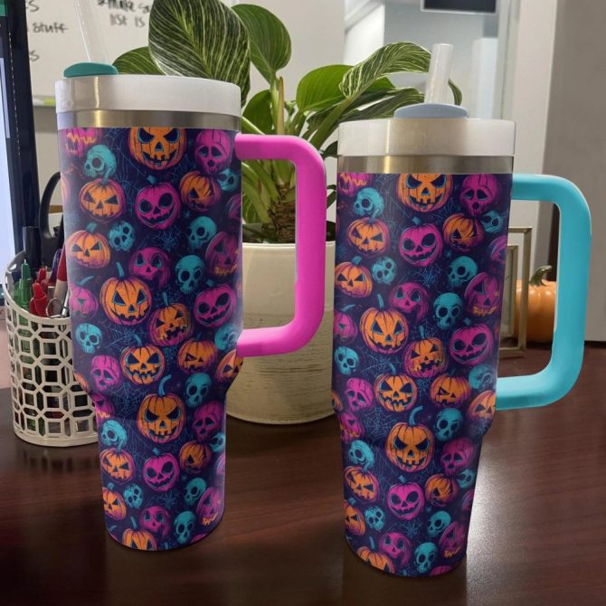 Halloween Neon Jack-O-Lantern Glow Custom Stanley Quencher 40Oz Stainless Steel Tumbler With Handle - Image 3