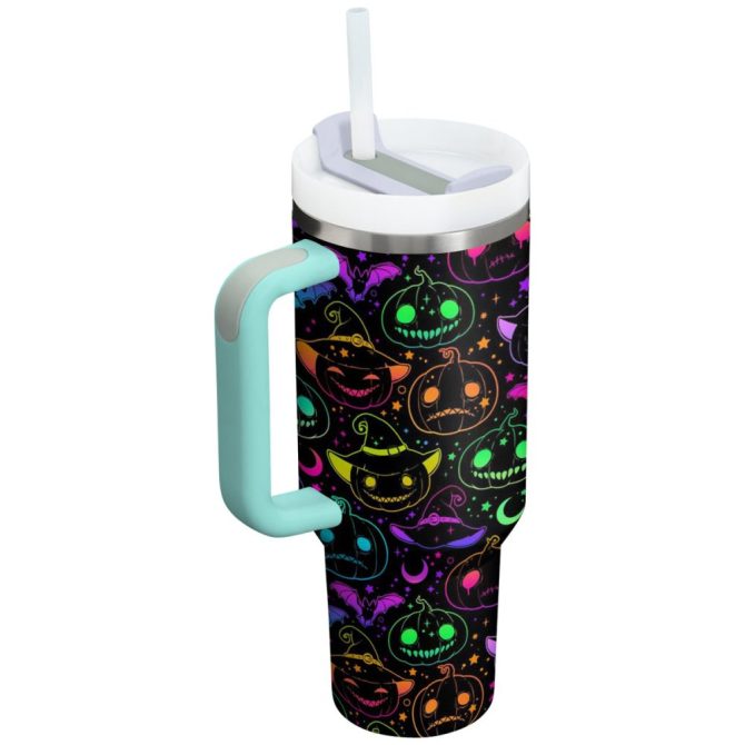Halloween Neon Nightmare Custom Stanley Quencher 40Oz Stainless Steel Tumbler With Handle - Image 8