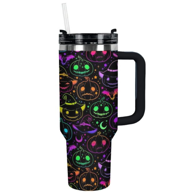 Halloween Neon Nightmare Custom Stanley Quencher 40Oz Stainless Steel Tumbler With Handle - Image 9